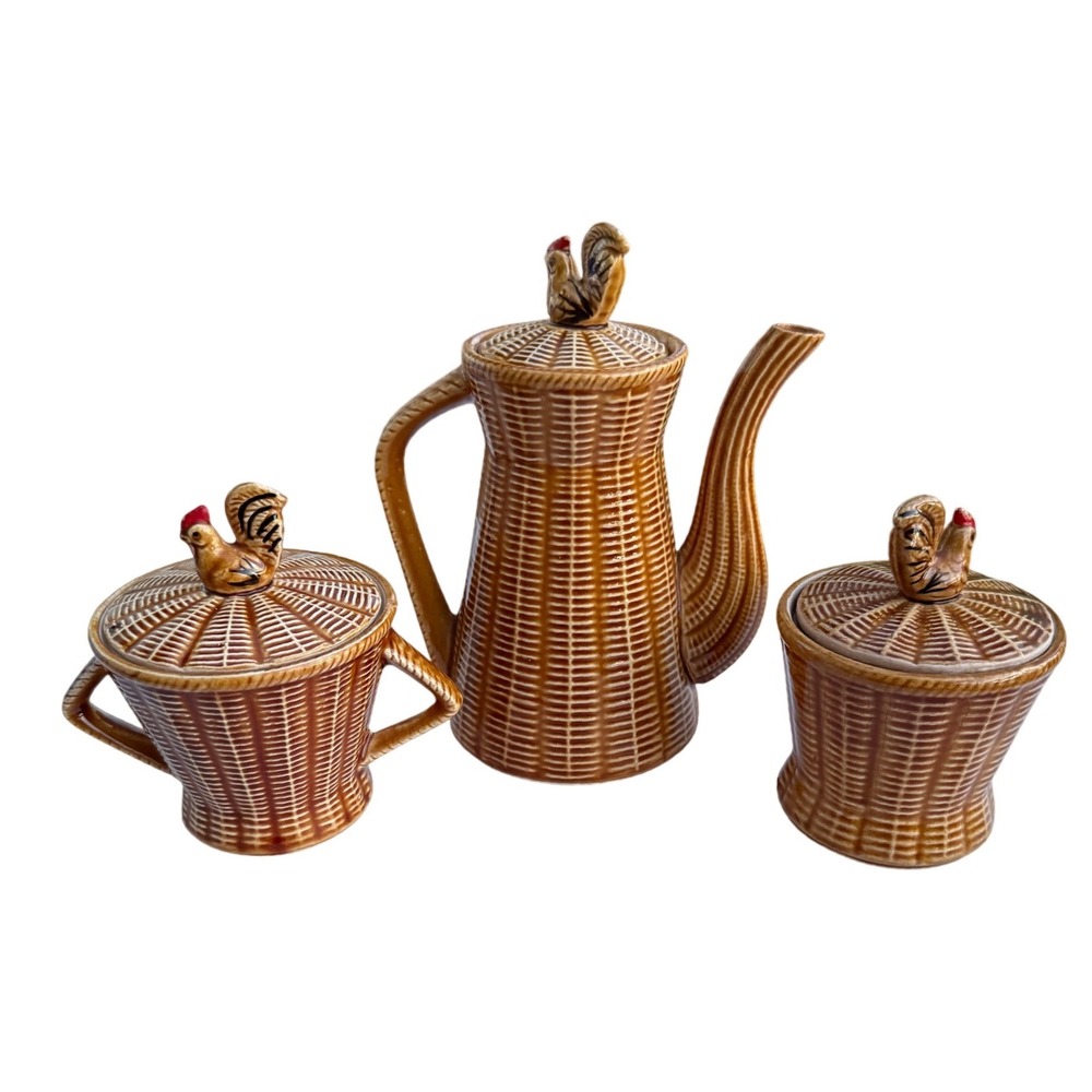 Vintage Rooster Basketweave Ceramic Coffee Pot Sugar Bowl & Jam Jar Set Brown - Picture 3 of 14